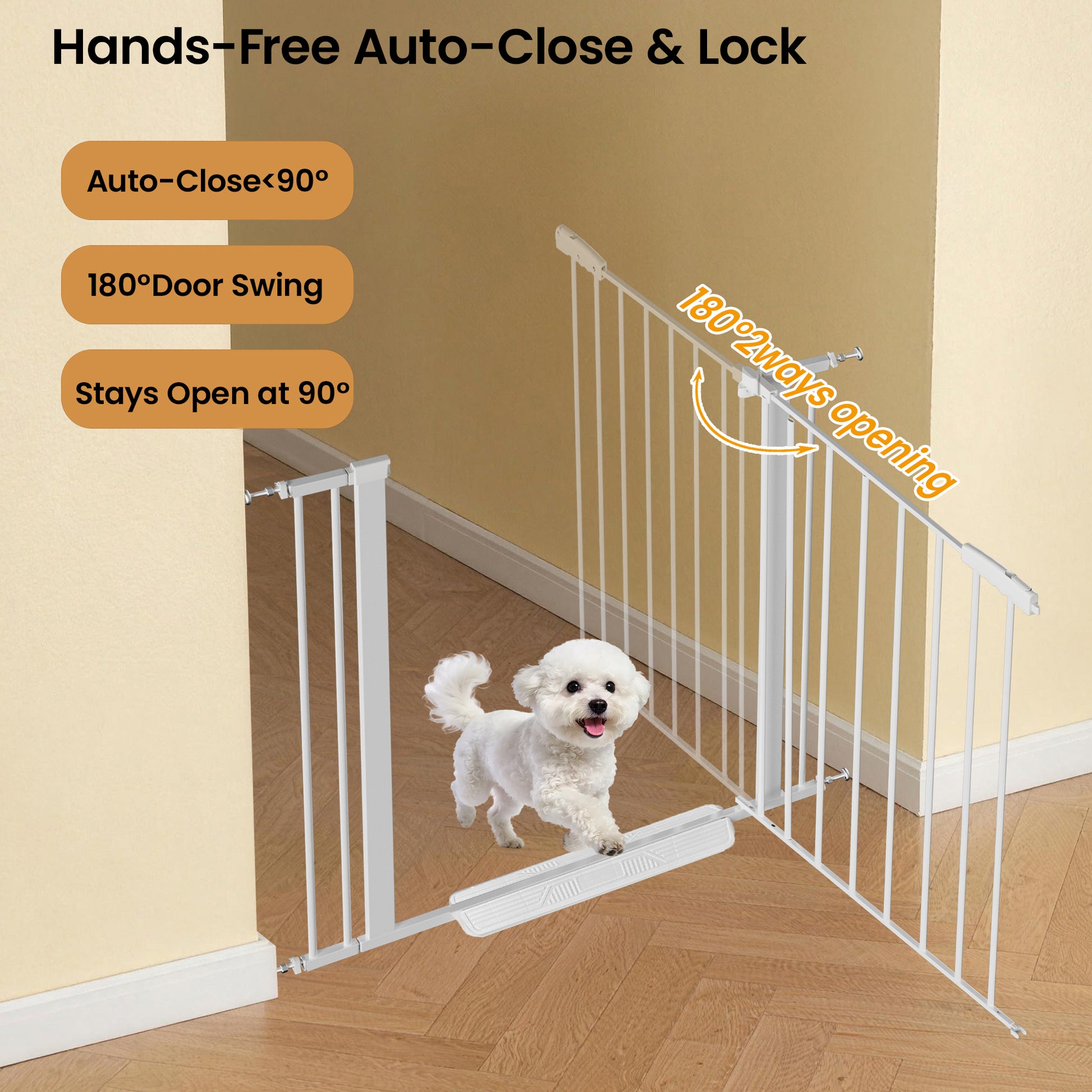 White Steel Pet Safety Gate for Stairs and Doorways; Auto Close