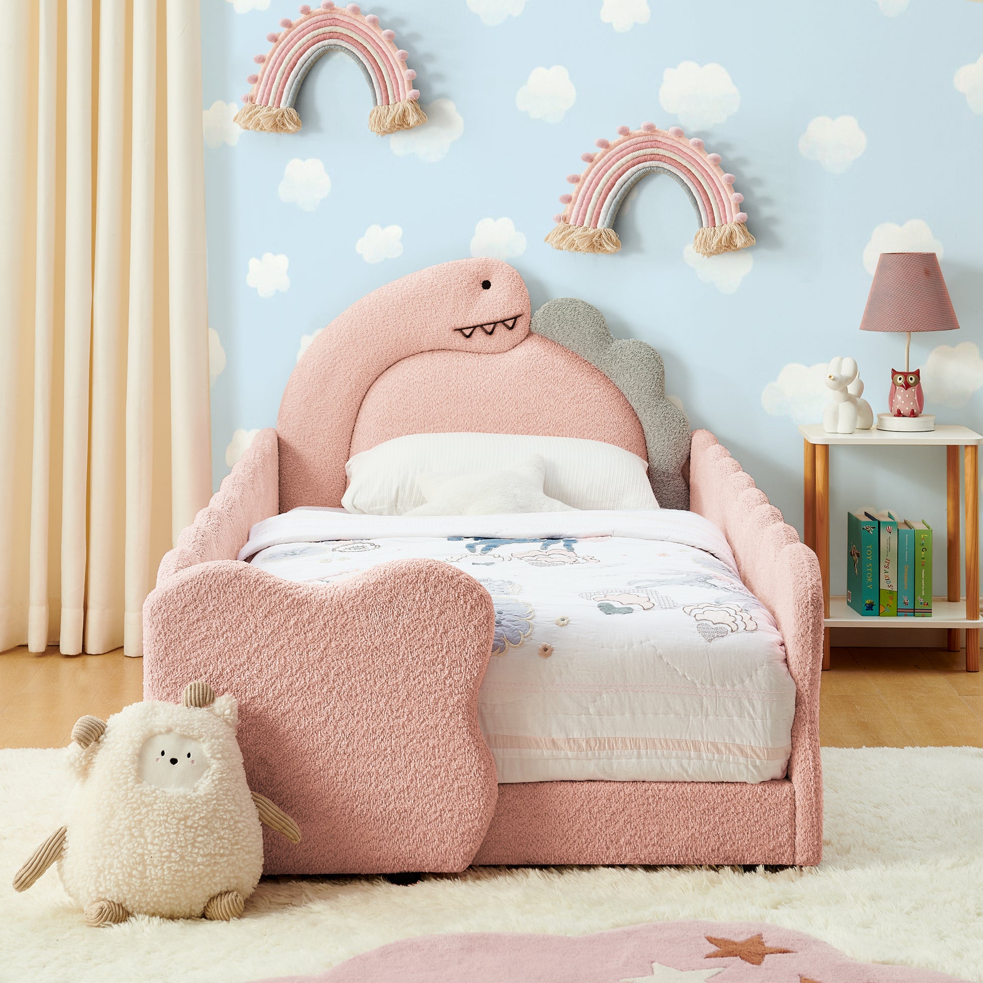 Twin Size Cute Dinosaur-Shaped Kids Bed with Safety Guardraild, Solid Wood Toddler Bed Frame for Children for Bedroom, Boucle Fabric