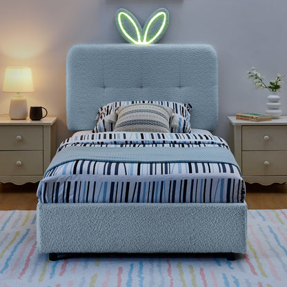 Twin Size Kids Upholstered Bed with Oversized Rabbit Ear Headboard, LED Light & 4 Storage Drawers, Boucle Fabric (79.5''X40.75''X41'')