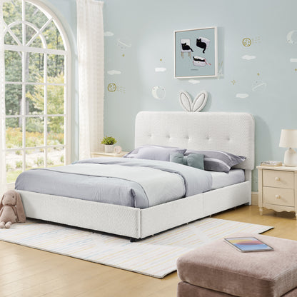 Full Size Kids Upholstered Bed with Oversized Rabbit Ear Headboard, LED Light & 4 Storage Drawers, Boucle Fabric (79.5''X55.75''X41'')