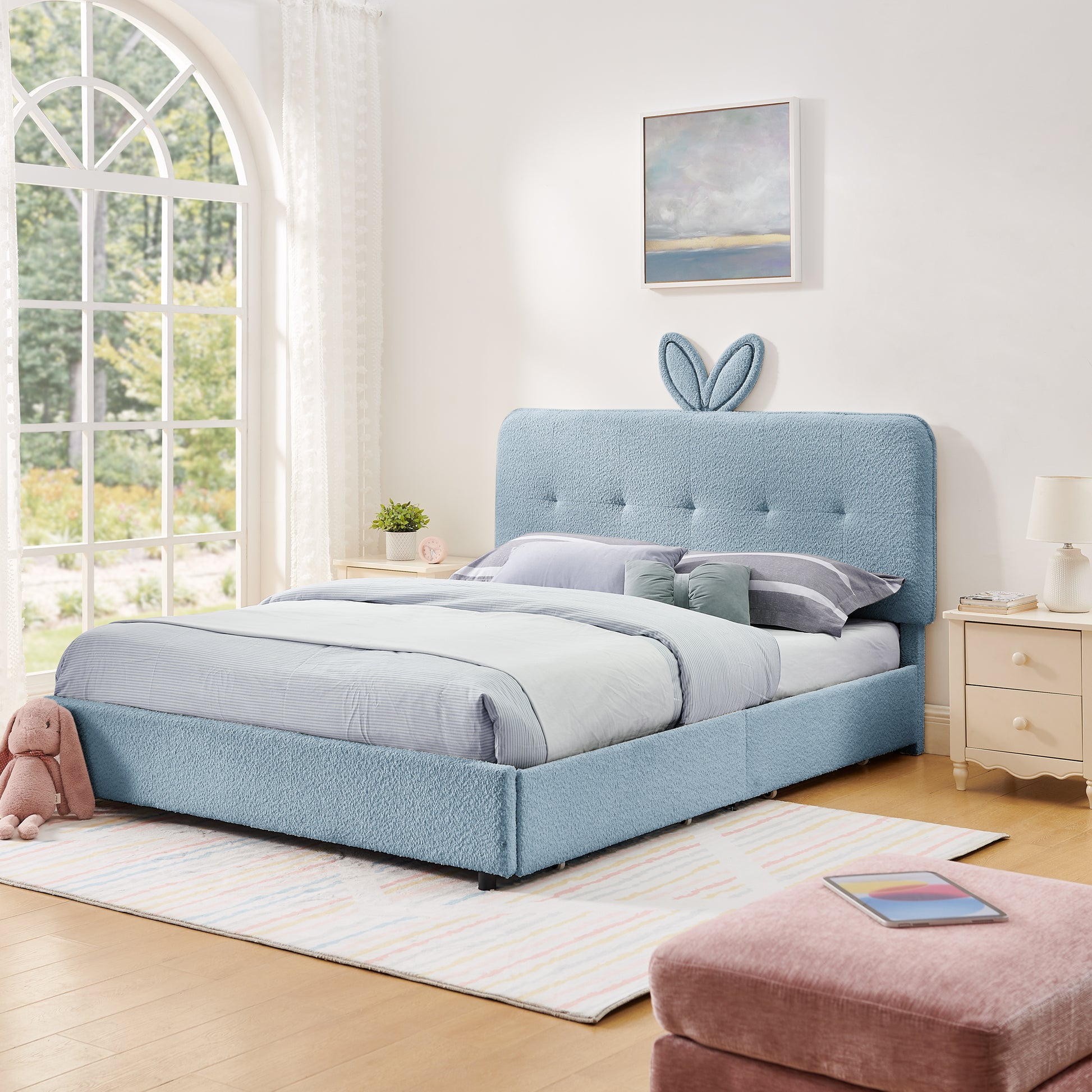 Queen Size Kids Upholstered Bed with Oversized Rabbit Ear Headboard, LED Light & 4 Storage Drawers, Boucle Fabric (84.5''X62.75''X41'')