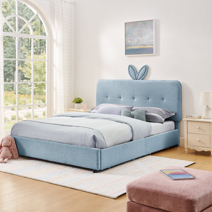 Queen Size Kids Upholstered Bed with Oversized Rabbit Ear Headboard, LED Light & 4 Storage Drawers, Boucle Fabric (84.5''X62.75''X41'')