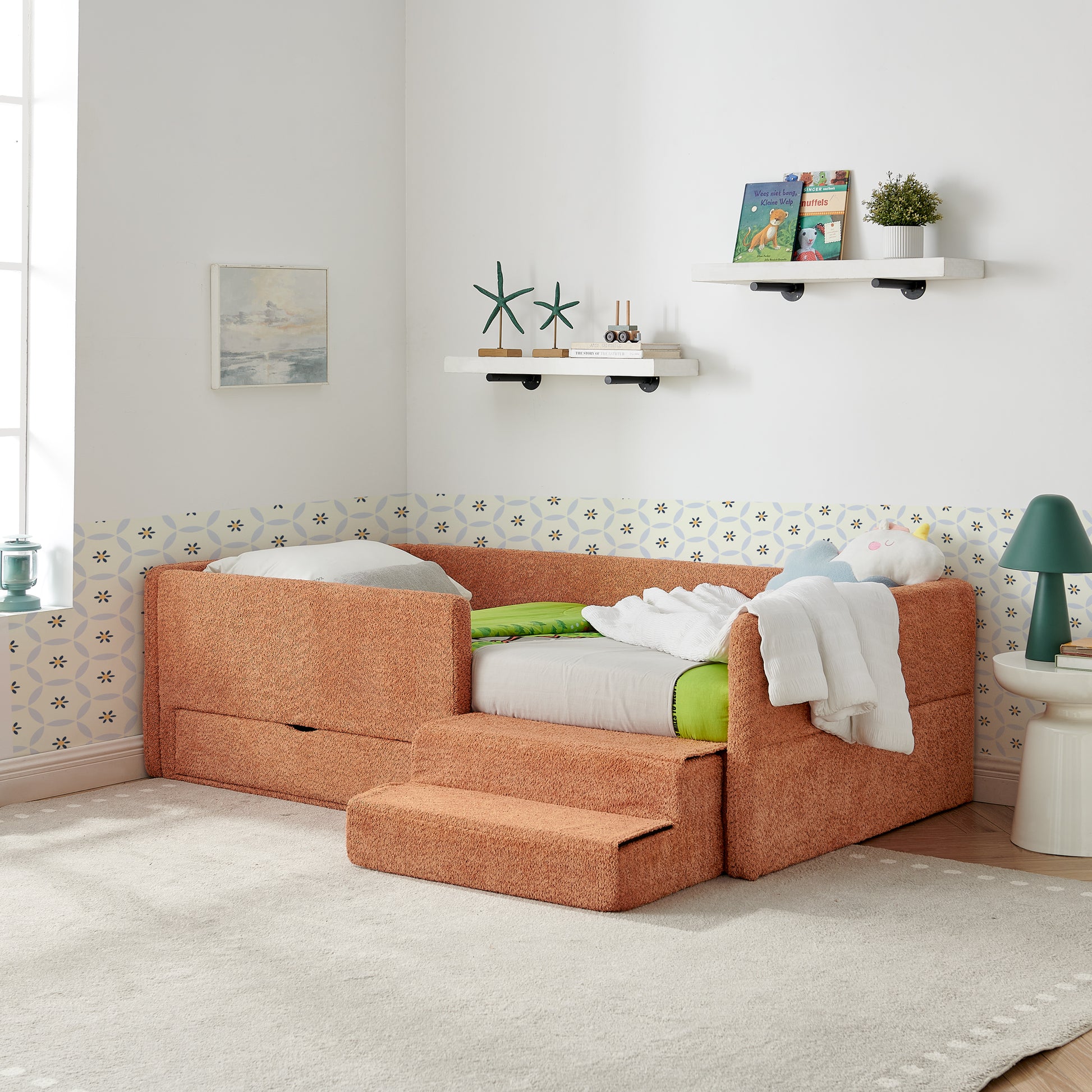 Cute Orange Kids Bed with Storage - Safe & Cozy