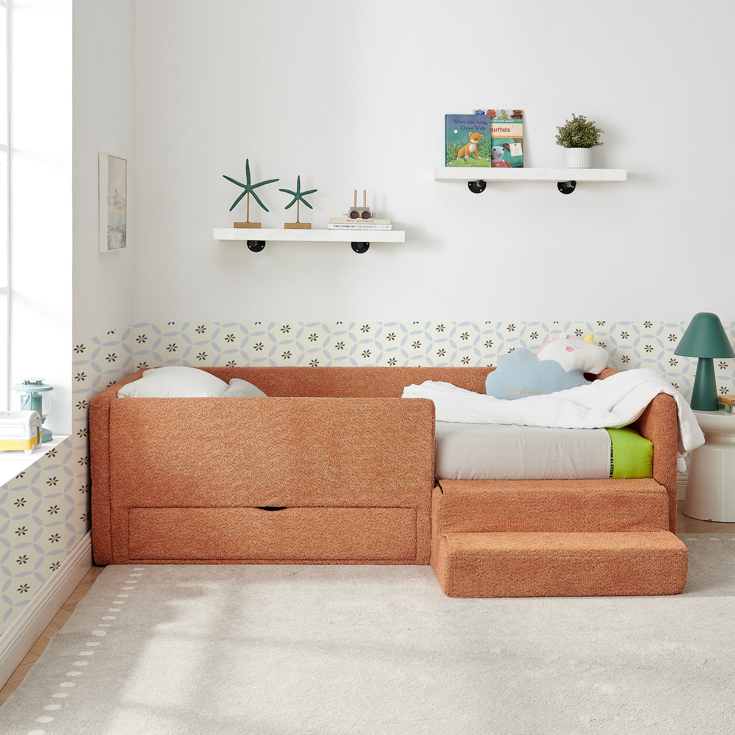 Cute Orange Kids Bed with Storage - Safe & Cozy