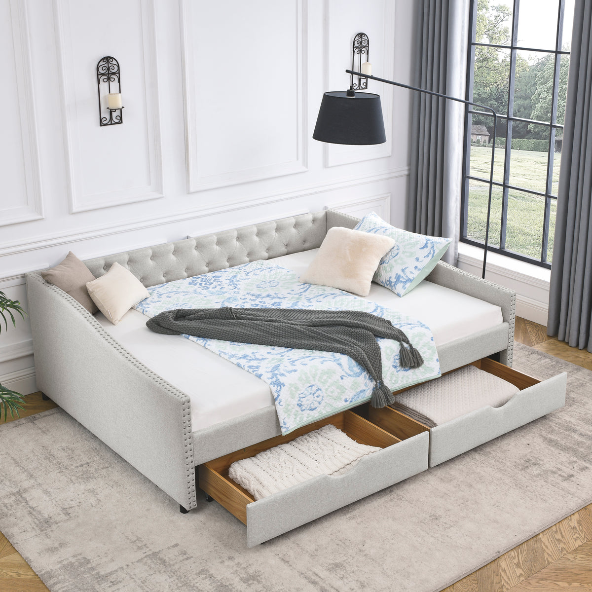 Queen Size Linen Daybed with Drawers Beige