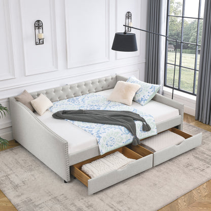 Queen Size Linen Daybed with Drawers Beige