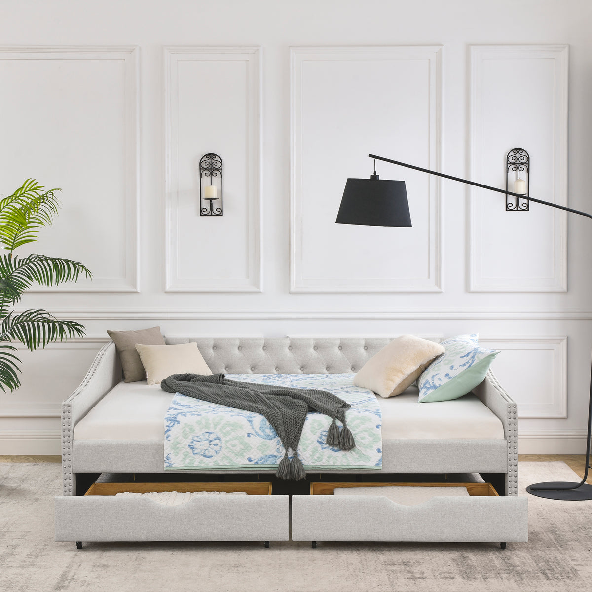 Queen Size Linen Daybed with Drawers Beige