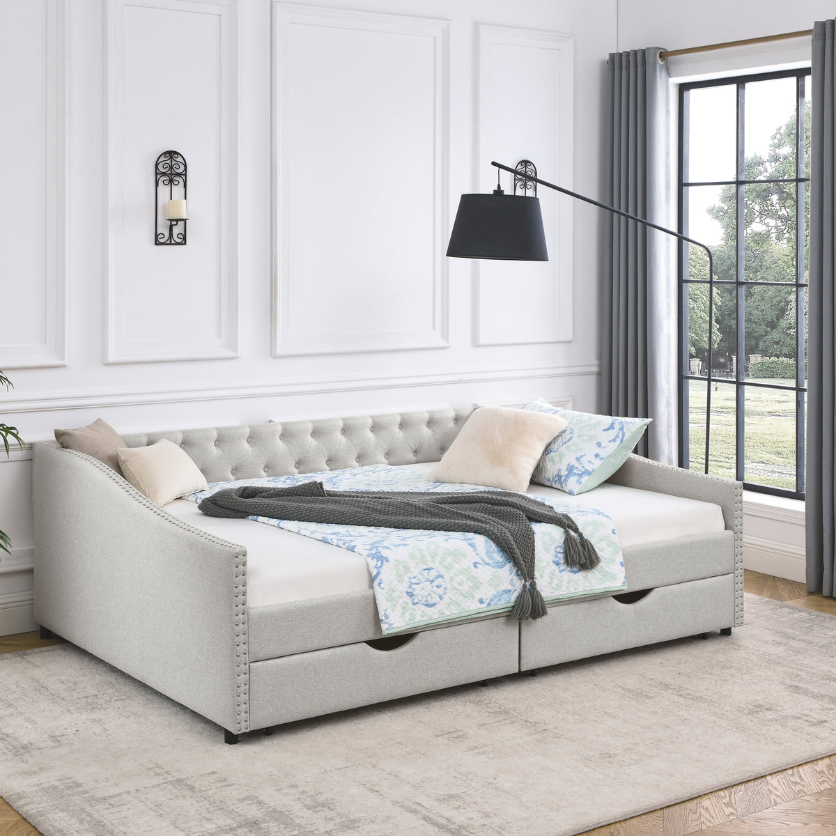 Queen Size Linen Daybed with Drawers Beige