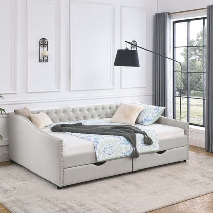 Queen Size Linen Daybed with Drawers Beige
