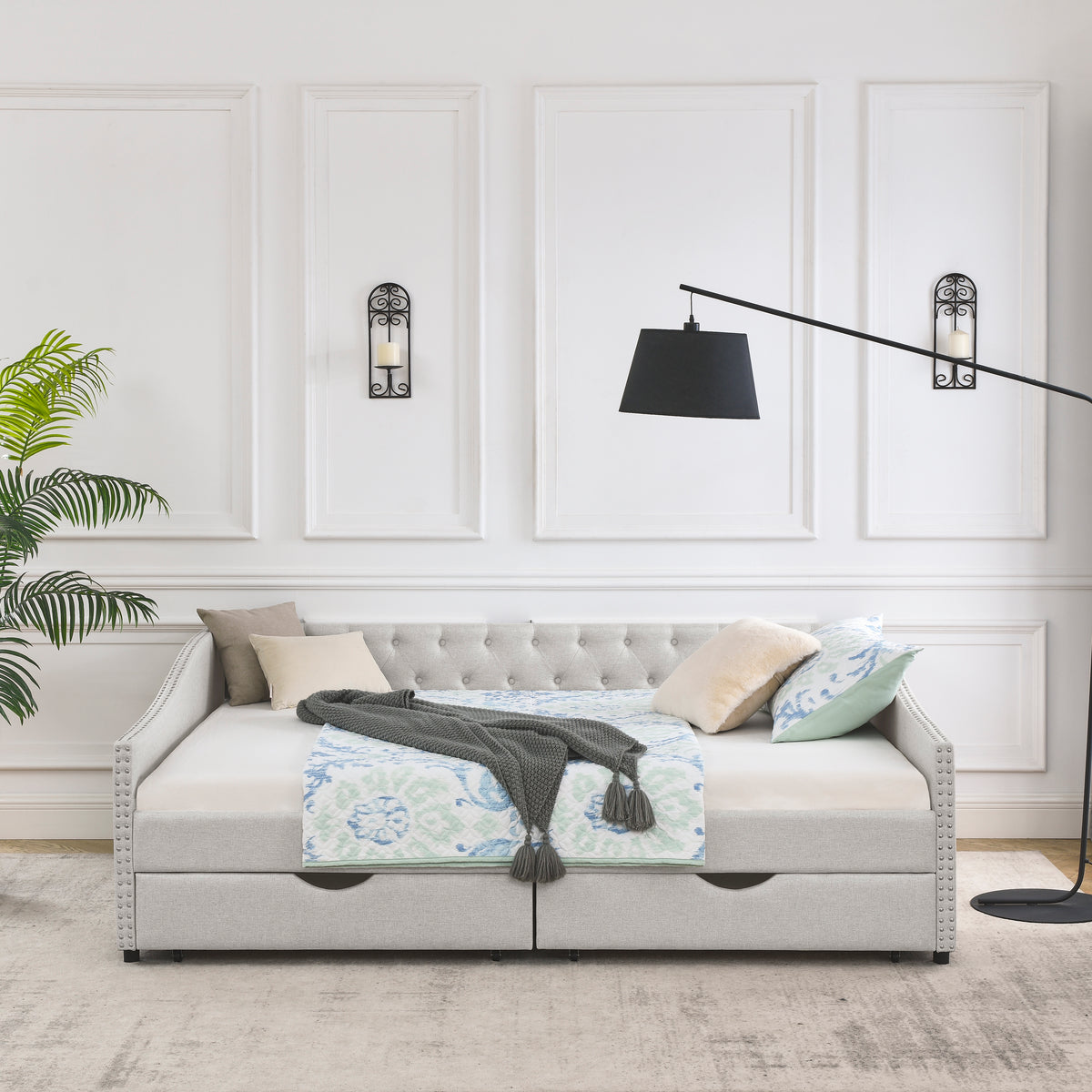 Queen Size Linen Daybed with Drawers Beige