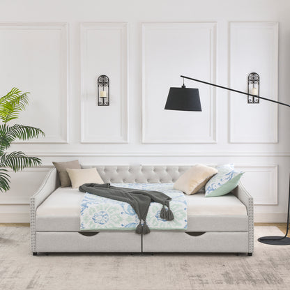 Queen Size Linen Daybed with Drawers Beige