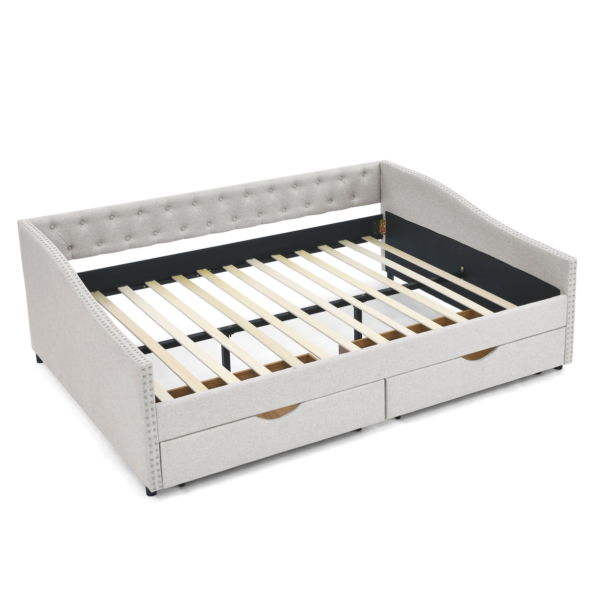 Queen Size Linen Daybed with Drawers Beige
