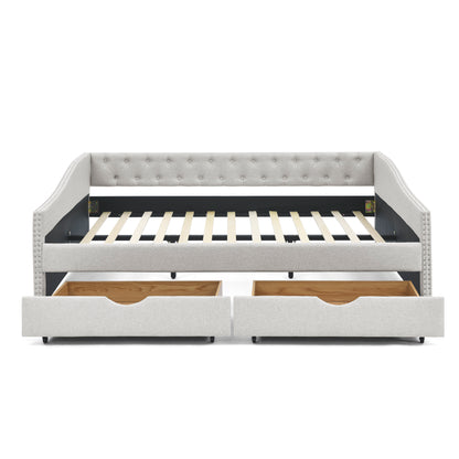 Queen Size Linen Daybed with Drawers Beige