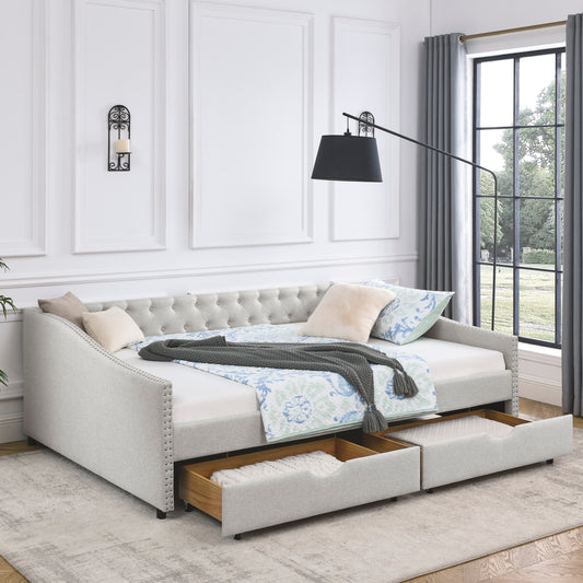 Queen Size Daybed with Drawers Upholstered Tufted Sofa Bed,,with Button on Back and Copper Nail on Waved Shape Arms, Beige (84.5"x63.5"x26.5") (OLD SKU: W1413S00010)
