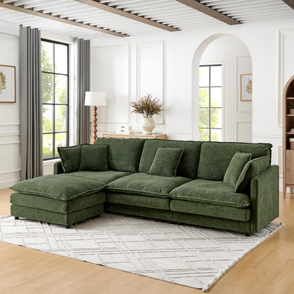 Green Wood Frame L-Shaped Sofa with Ottoman - 4 Seat for Living Room