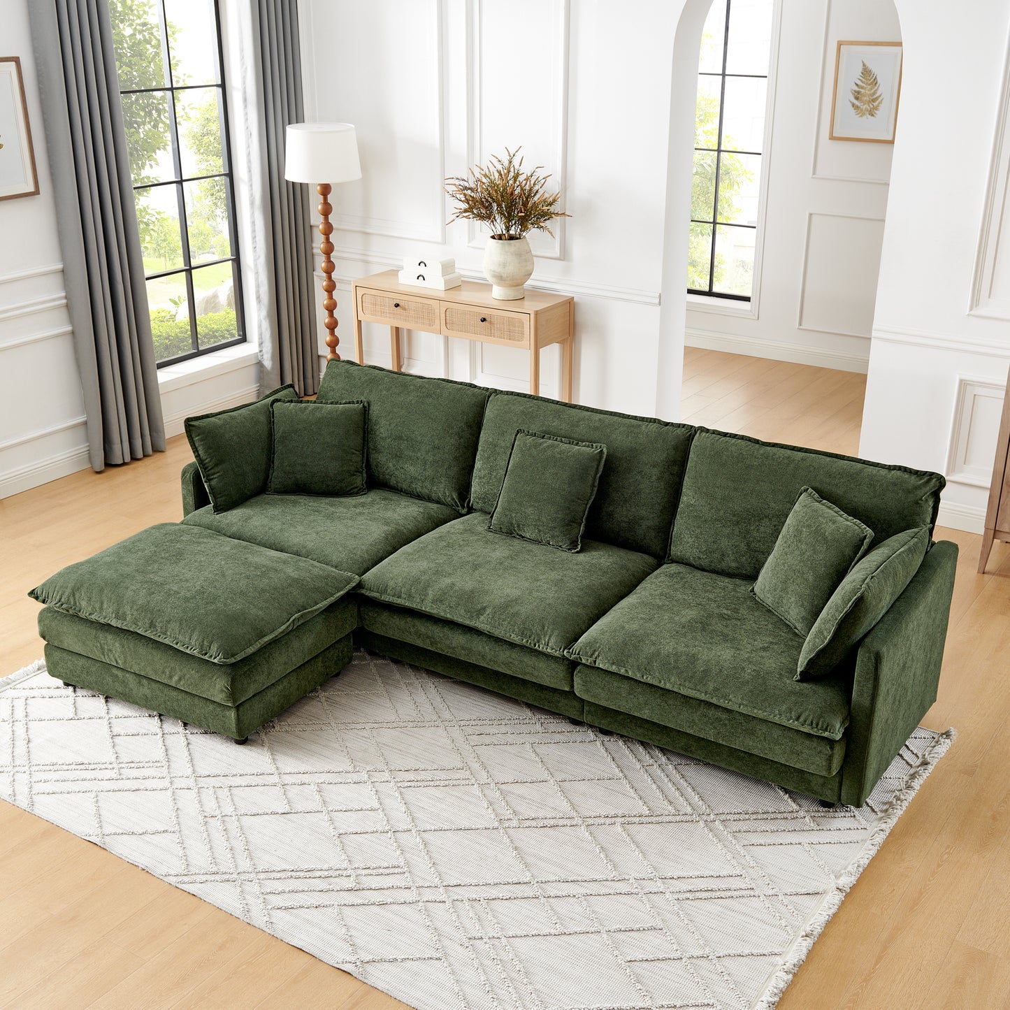 Green Wood Frame L-Shaped Sofa with Ottoman - 4 Seat for Living Room