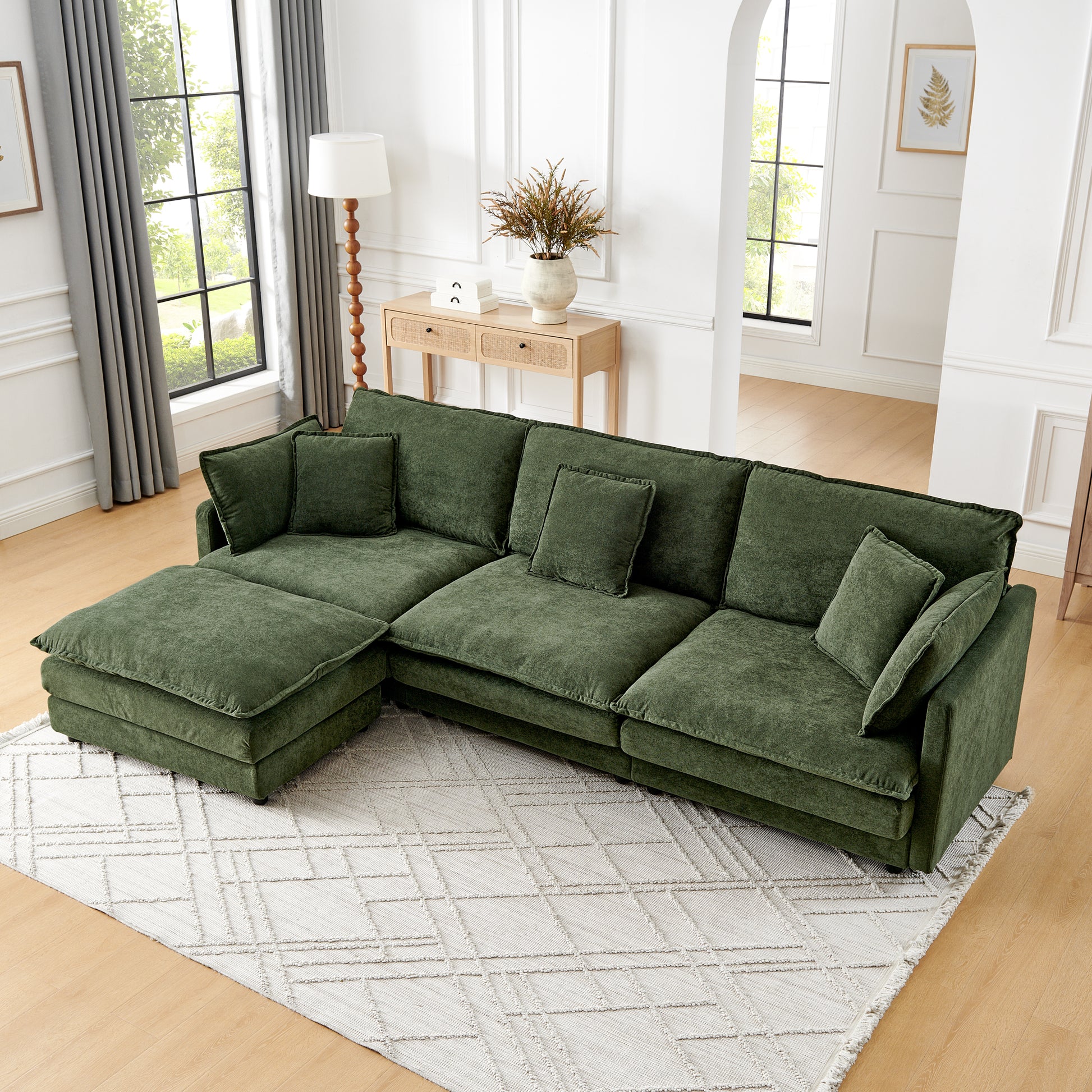 Green Wood Frame L-Shaped Sofa with Ottoman - 4 Seat for Living Room