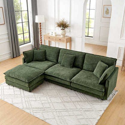 Green Wood Frame L-Shaped Sofa with Ottoman - 4 Seat for Living Room
