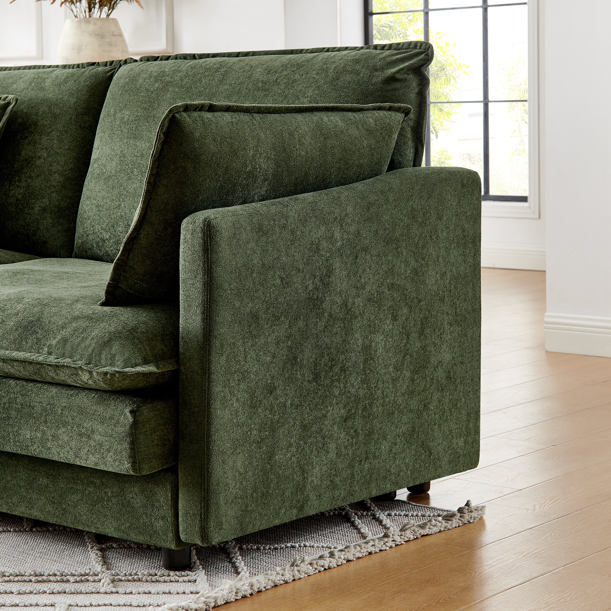 Green Wood Frame L-Shaped Sofa with Ottoman - 4 Seat for Living Room