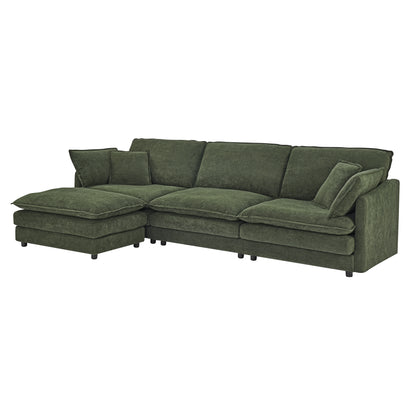 Green Wood Frame L-Shaped Sofa with Ottoman - 4 Seat for Living Room