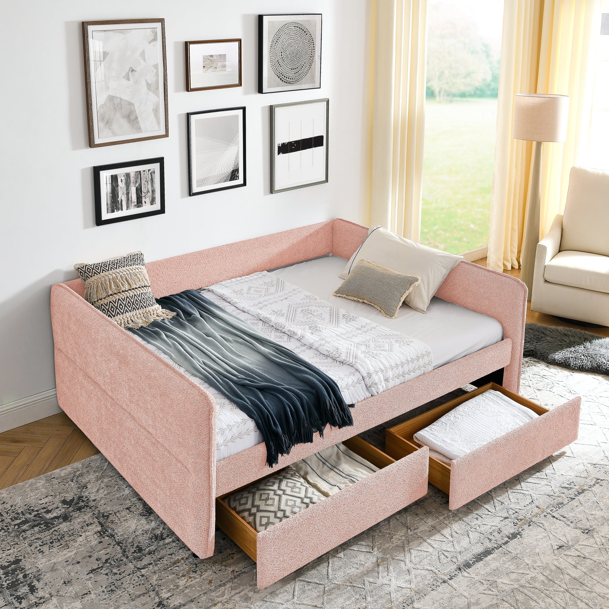 Queen Size Daybed with Two Drawers Upholstered Tufted Sofa Bed, Boucle Fabric (88"x65.5"x29.5")