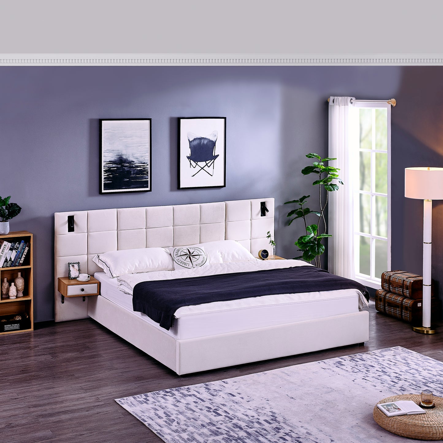 King Size Storage Velvet Upholstered Hydraulic Platform Bed with 2 Shelves, 2 Reading Lamps and USB Port, Beige