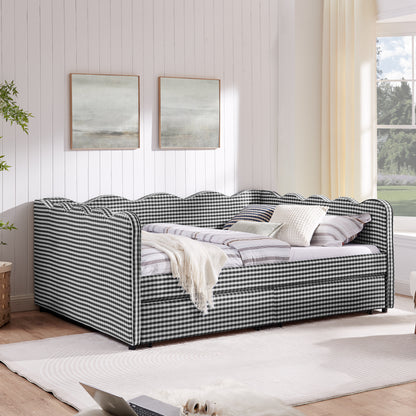 Queen Size Cozy Gingham Daybed with Two Storage Drawers, with USB Port and Adorable Wave Shaped, Linen Fabric