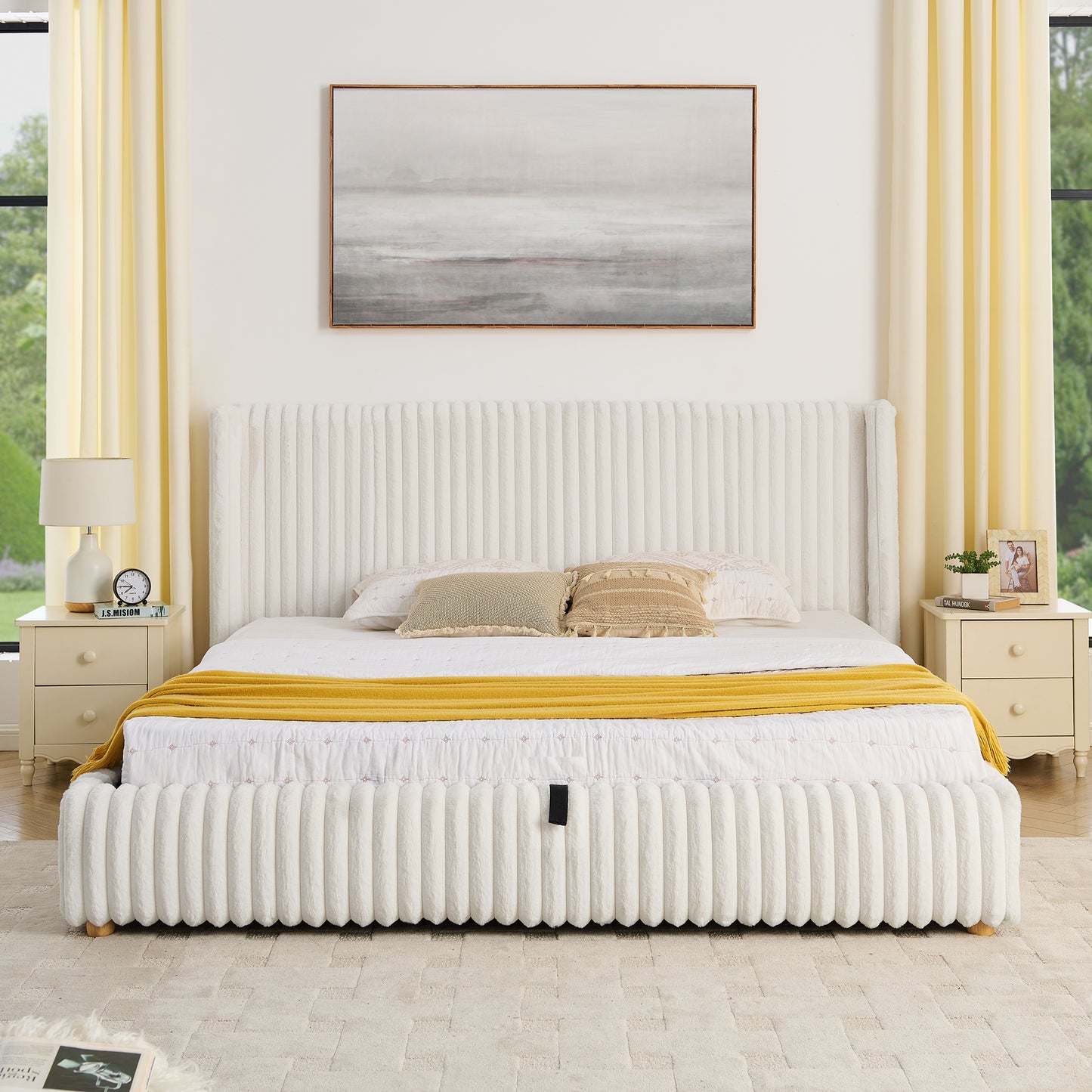 King Functional Vertical Striped Bed with Gas Lift Storage, Luxury Fluffy Rabbit Fur Fabric Up-holstered Double Bed