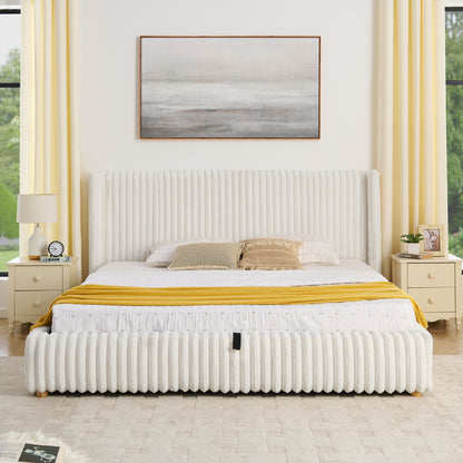 King Functional Vertical Striped Bed with Gas Lift Storage, Luxury Fluffy Rabbit Fur Fabric Up-holstered Double Bed