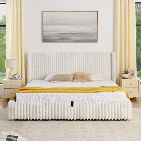King Functional Vertical Striped Bed with Gas Lift Storage, Luxury Fluffy Rabbit Fur Fabric Up-holstered Double Bed