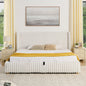 King Functional Vertical Striped Bed with Gas Lift Storage, Luxury Fluffy Rabbit Fur Fabric Up-holstered Double Bed