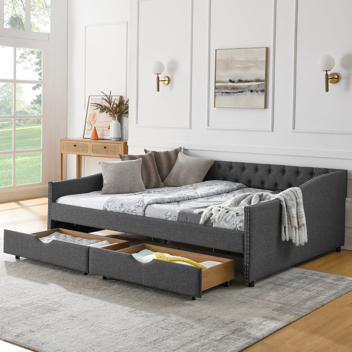 Queen Size Daybed with Drawers Upholstered Tufted Sofa Bed,,with Button on Back and Copper Nail on Waved Shape Arms(84.5"x63.5"x26.5") (OLD SKU: W1413S00034)