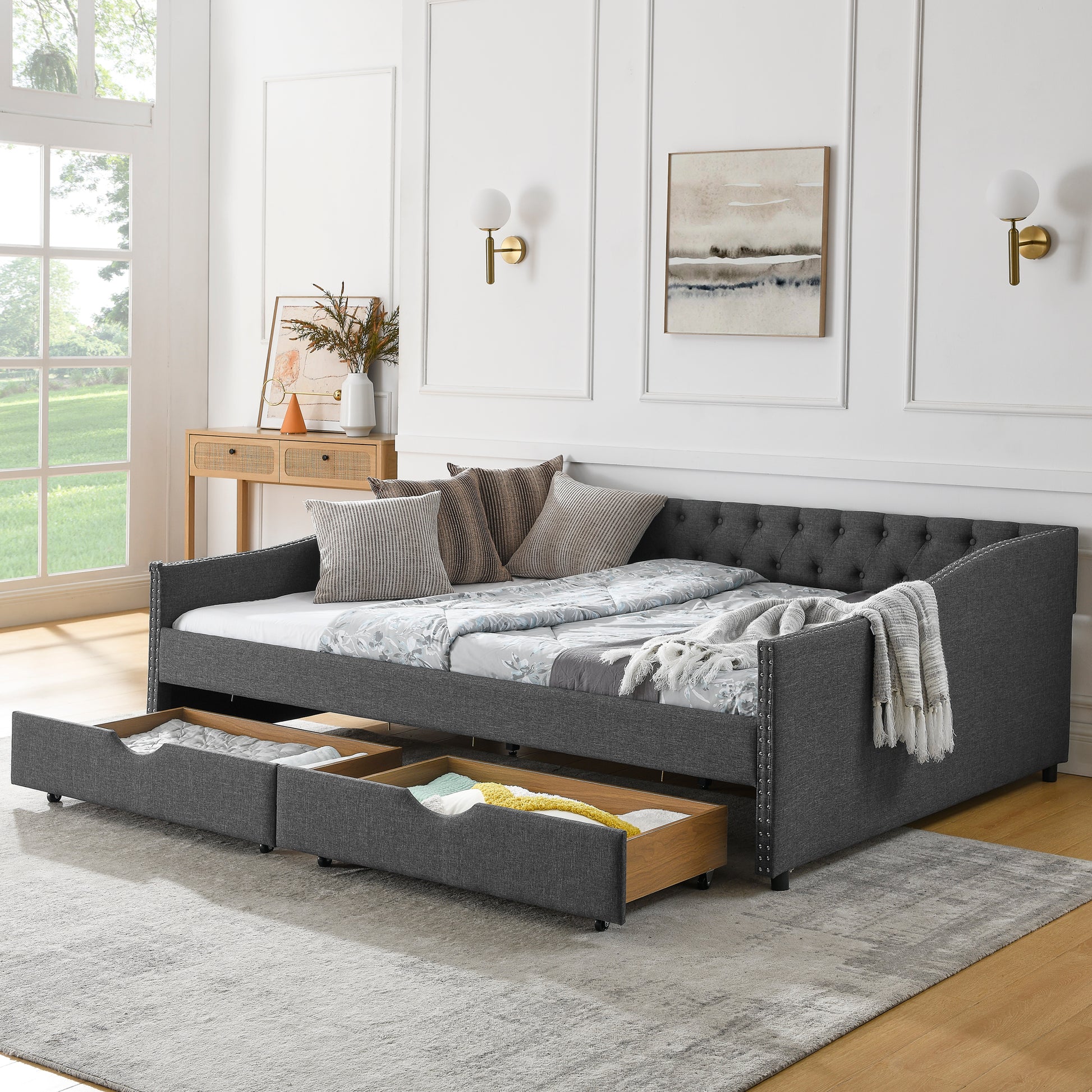 Queen Size Daybed with Drawers Upholstered Tufted Sofa Bed,,with Button on Back and Copper Nail on Waved Shape Arms(84.5"x63.5"x26.5") (OLD SKU: W1413S00034)