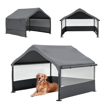 Extra Large Outdoor Dog House Tent with 3-Sided Mesh Windows, Breathable Sun Rain Cover Pet Shelter with Canopy and Ground Stakes for Dogs, Cats, Livestock – 4' x 4' x 3.3', Gray