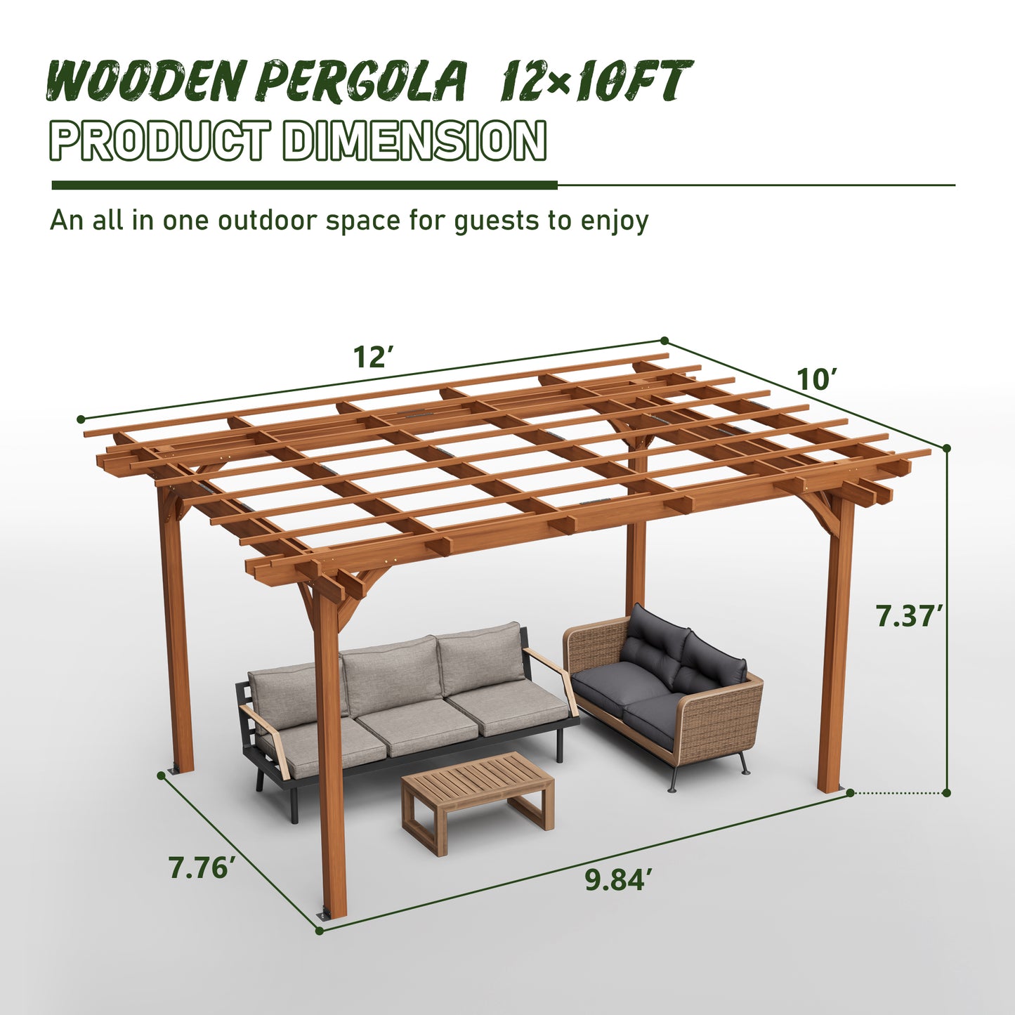 144" x 120" Brown Wood Pergola - Outdoor Gazebo for Gardens