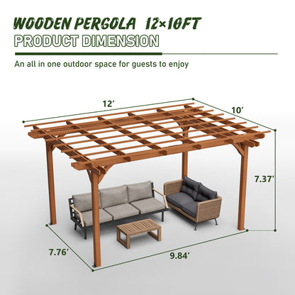 144" x 120" Brown Wood Pergola - Outdoor Gazebo for Gardens