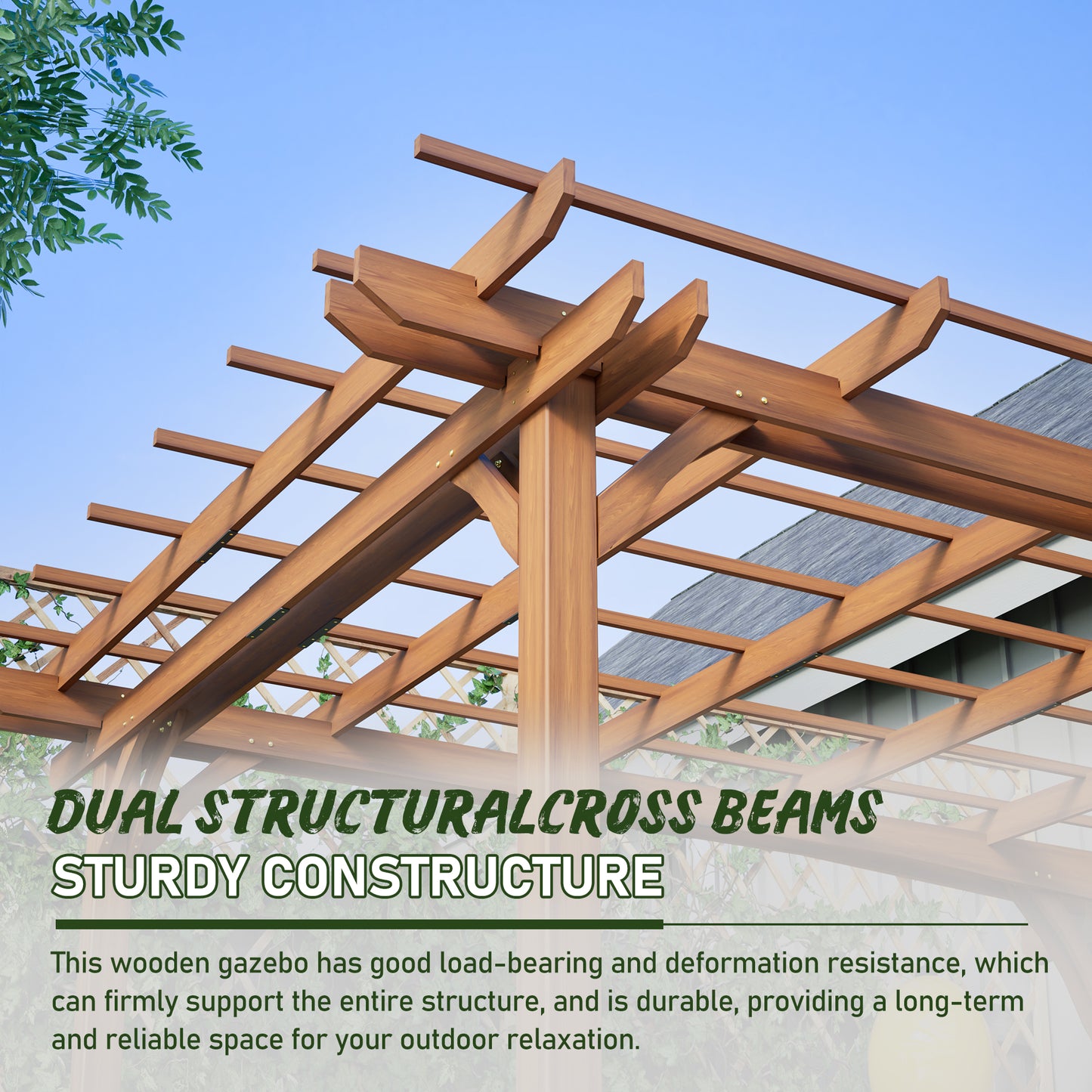 144" x 120" Brown Wood Pergola - Outdoor Gazebo for Gardens