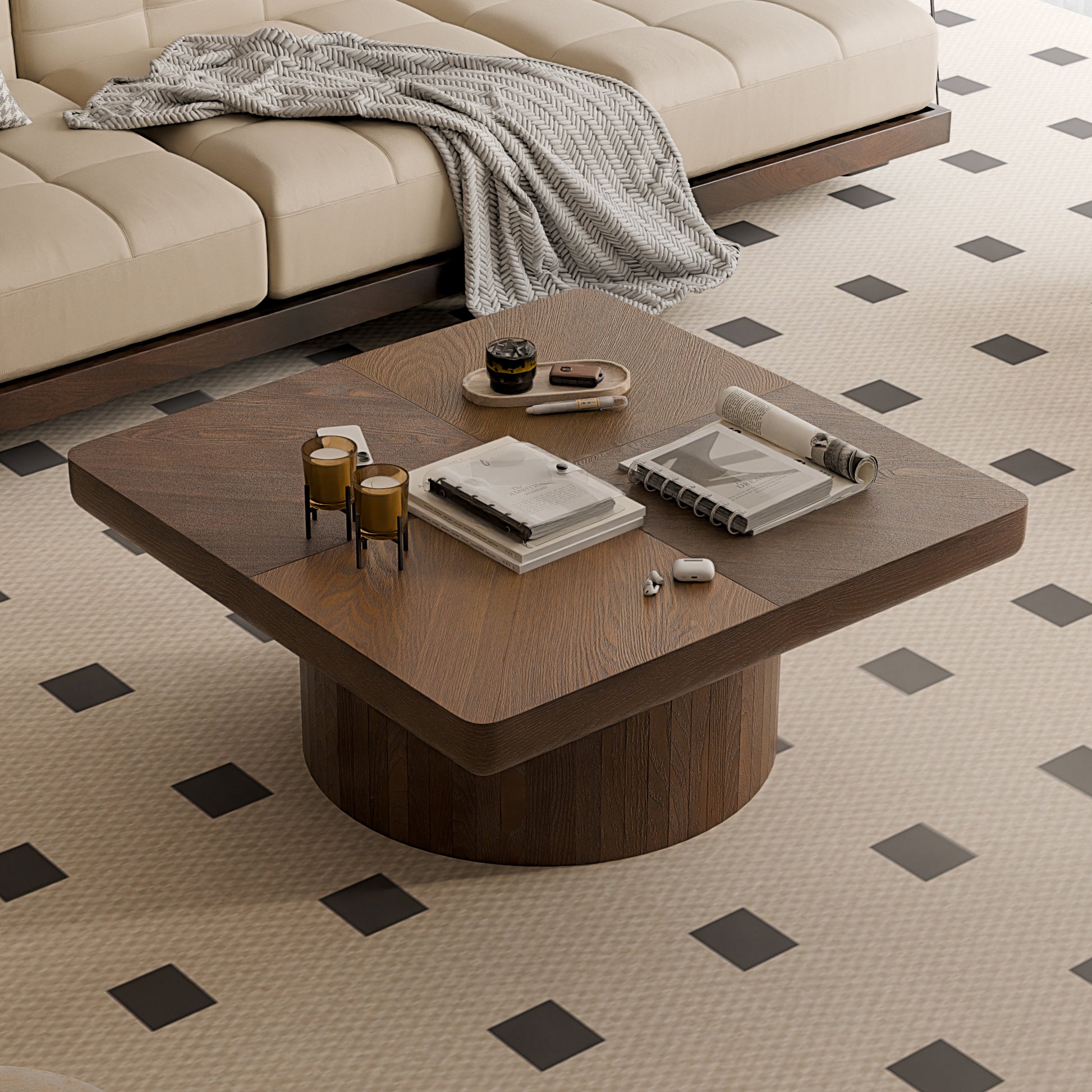 Walnut Square Coffee Table - Modern Wood Table with Parquet Top