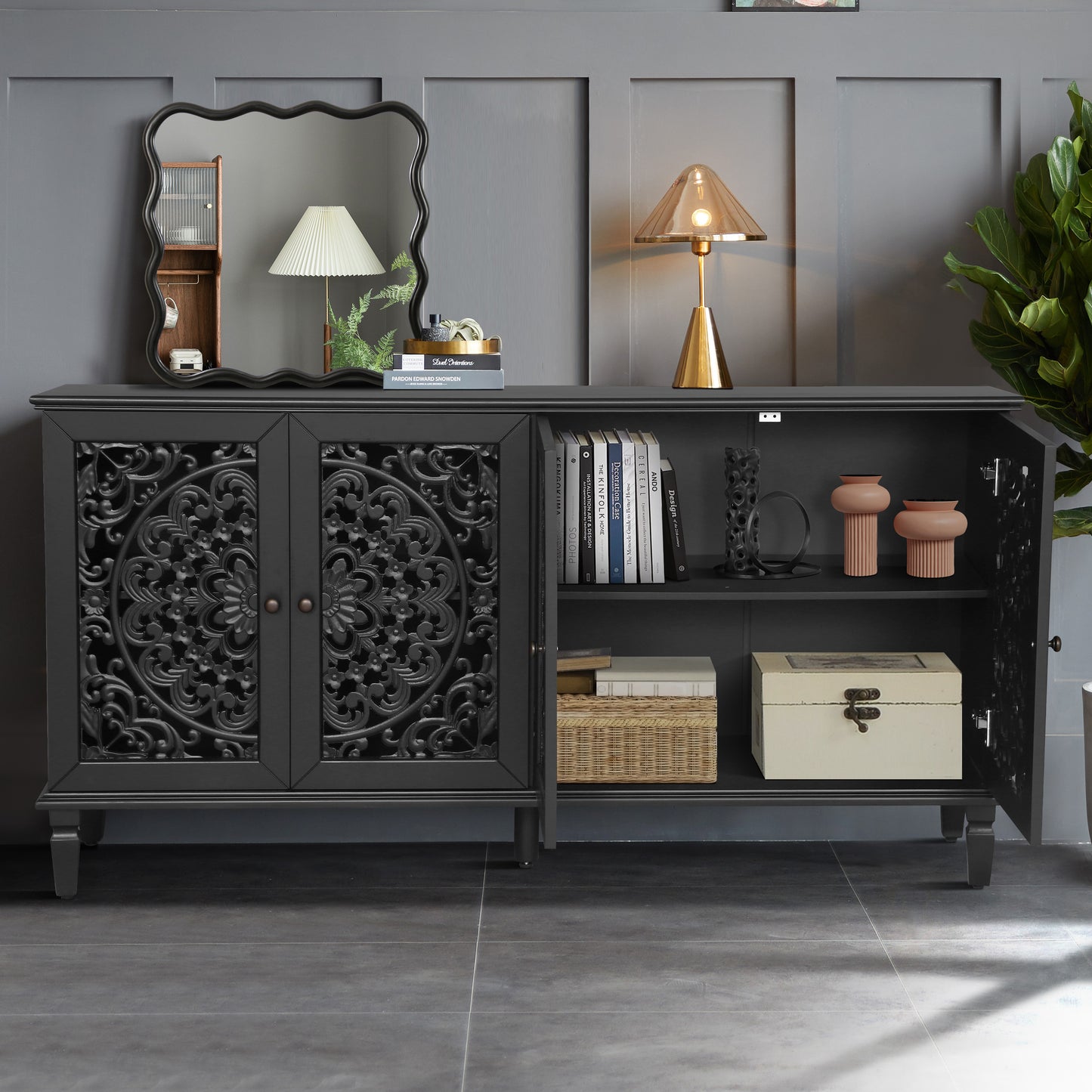 65 Inch TV Stand Black Solid Wood Buffet Cabinet