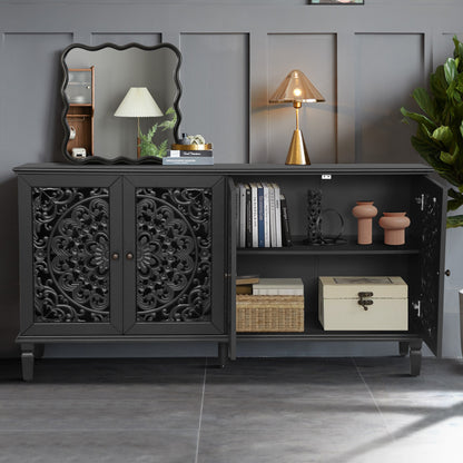 65 Inch TV Stand Black Solid Wood Buffet Cabinet