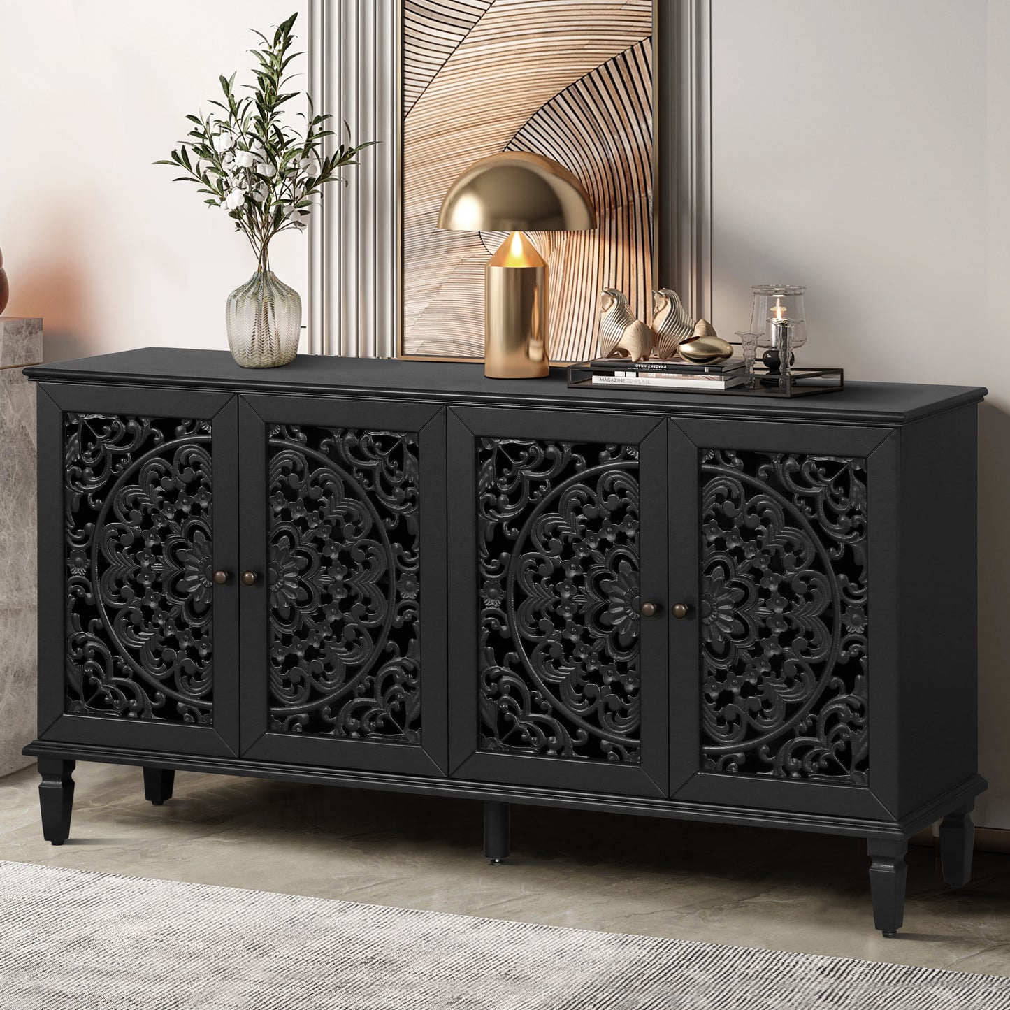 65 Inch TV Stand Black Solid Wood Buffet Cabinet