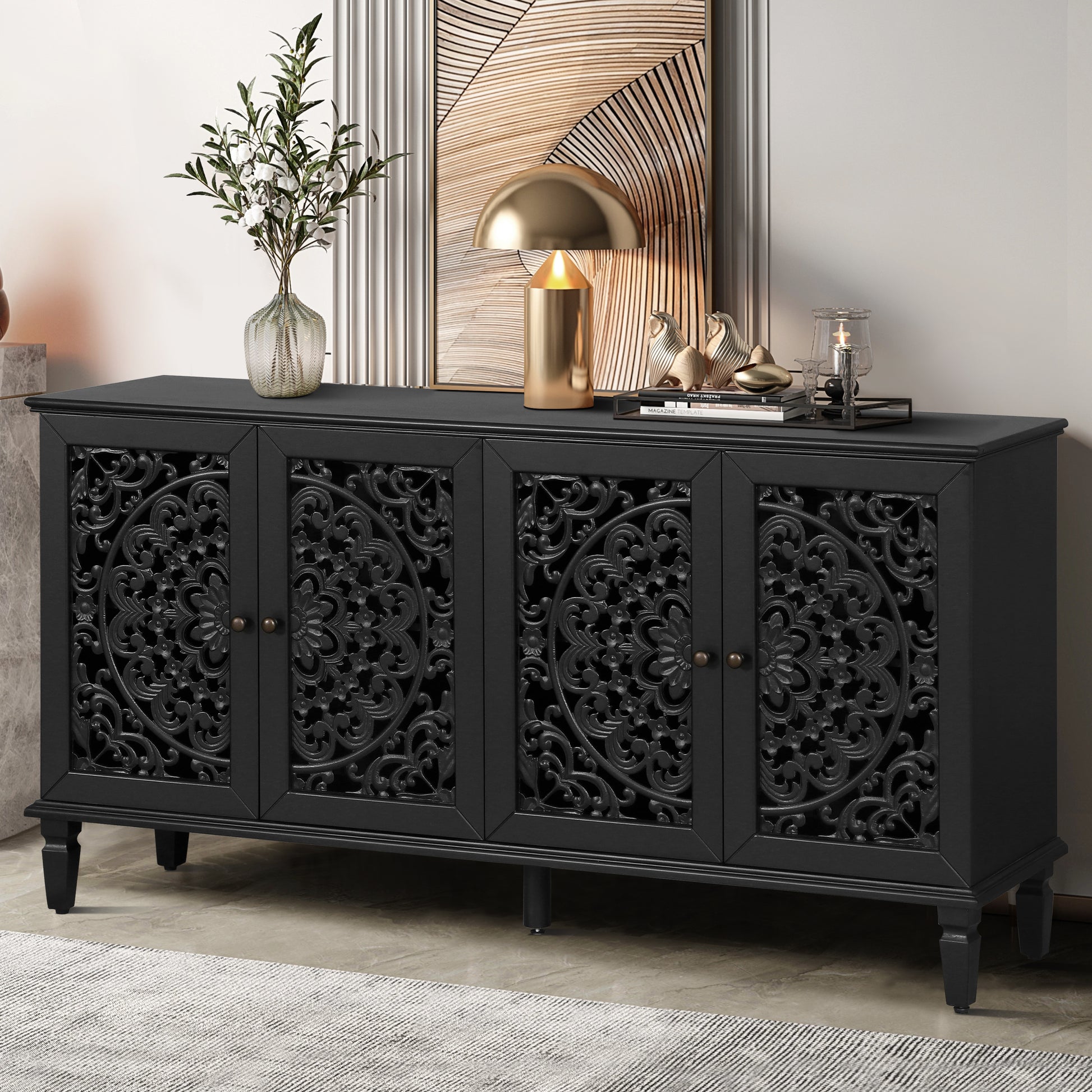 65 Inch TV Stand Black Solid Wood Buffet Cabinet