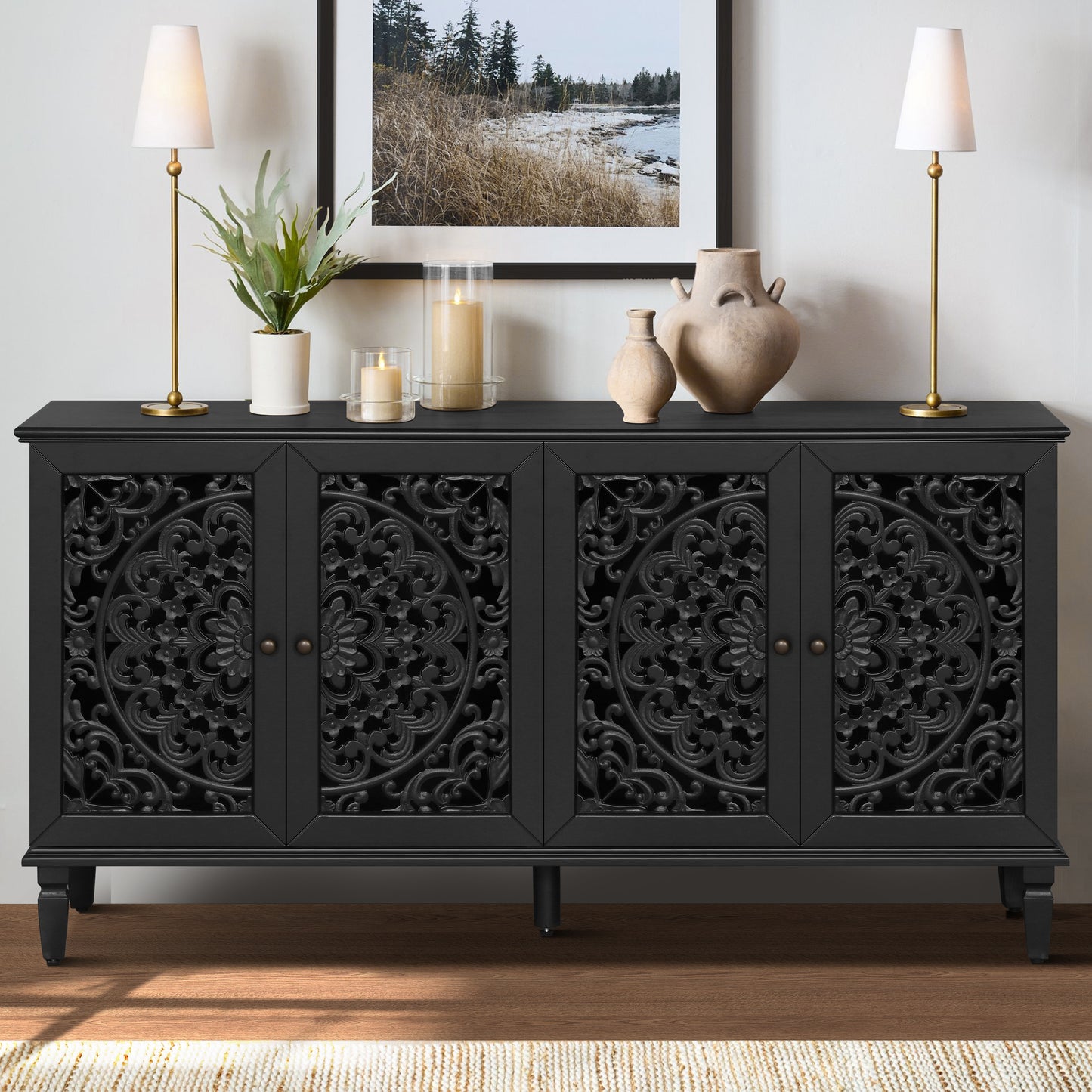 65 Inch TV Stand Black Solid Wood Buffet Cabinet