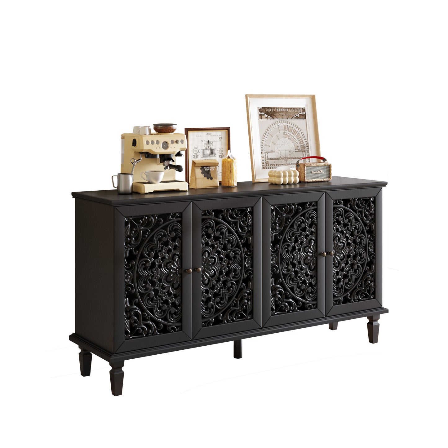 65 Inch TV Stand Black Solid Wood Buffet Cabinet