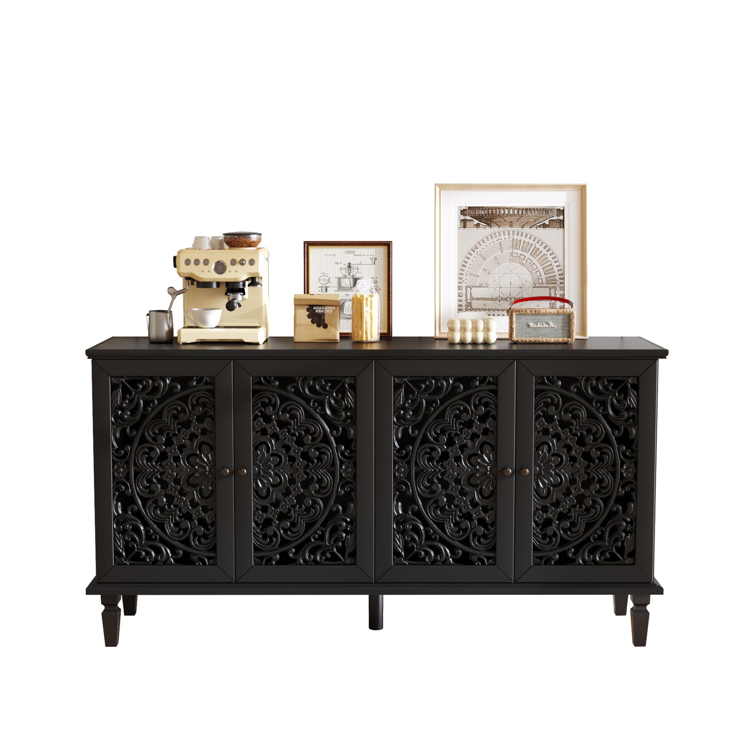 65 Inch TV Stand Black Solid Wood Buffet Cabinet