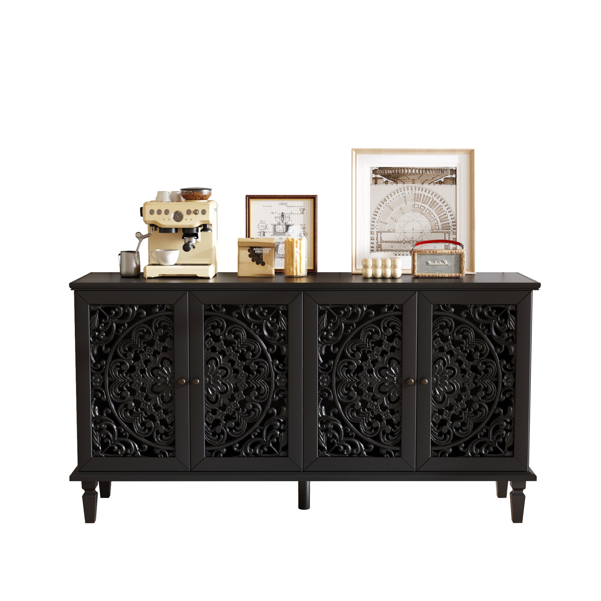 65 Inch TV Stand Black Solid Wood Buffet Cabinet