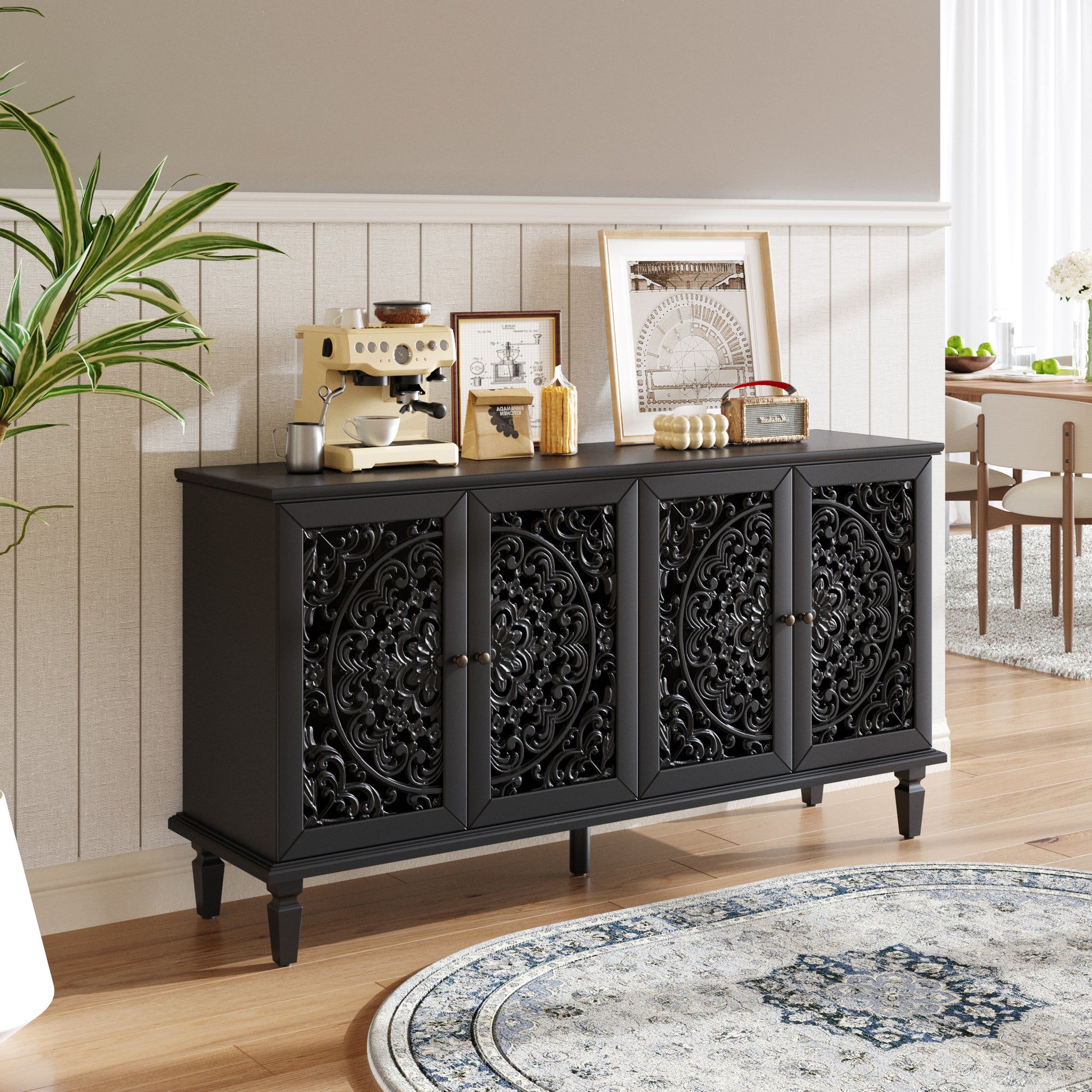 60" Antique Buffet Cabinet with Floral Carvings with Solid Wood Legs&Antique Brass Handles&Adjustable Shelves, TV Stand for 65''+ TV, Sideboard for Living Room,Dining Room (Black)