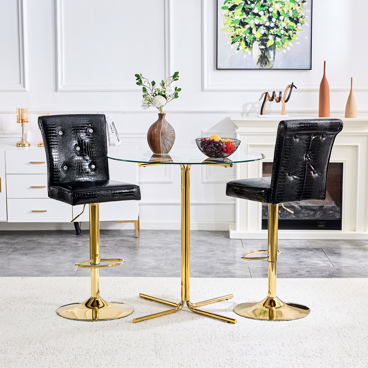 Modern Bar Table and Stools Set, Round Glass Top Pub Table with Gold Chrome Base & 2 Black Crocodile Embossed PU Leather Bar Stools with Adjustable Height & Swivel, Home Bar Bistro Set