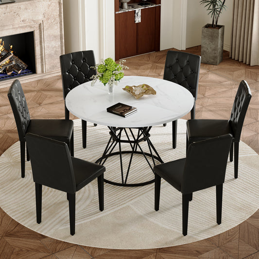 Table and chair set. A circular white MDF dining table with a diameter of 47.3 inches,black hourglass shaped metal brackets.Paired with 6 black PU dining chairs: ergonomic buckle backrest.