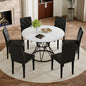 Table and chair set. A circular white MDF dining table with a diameter of 47.3 inches,black hourglass shaped metal brackets.Paired with 6 black PU dining chairs: ergonomic buckle backrest.